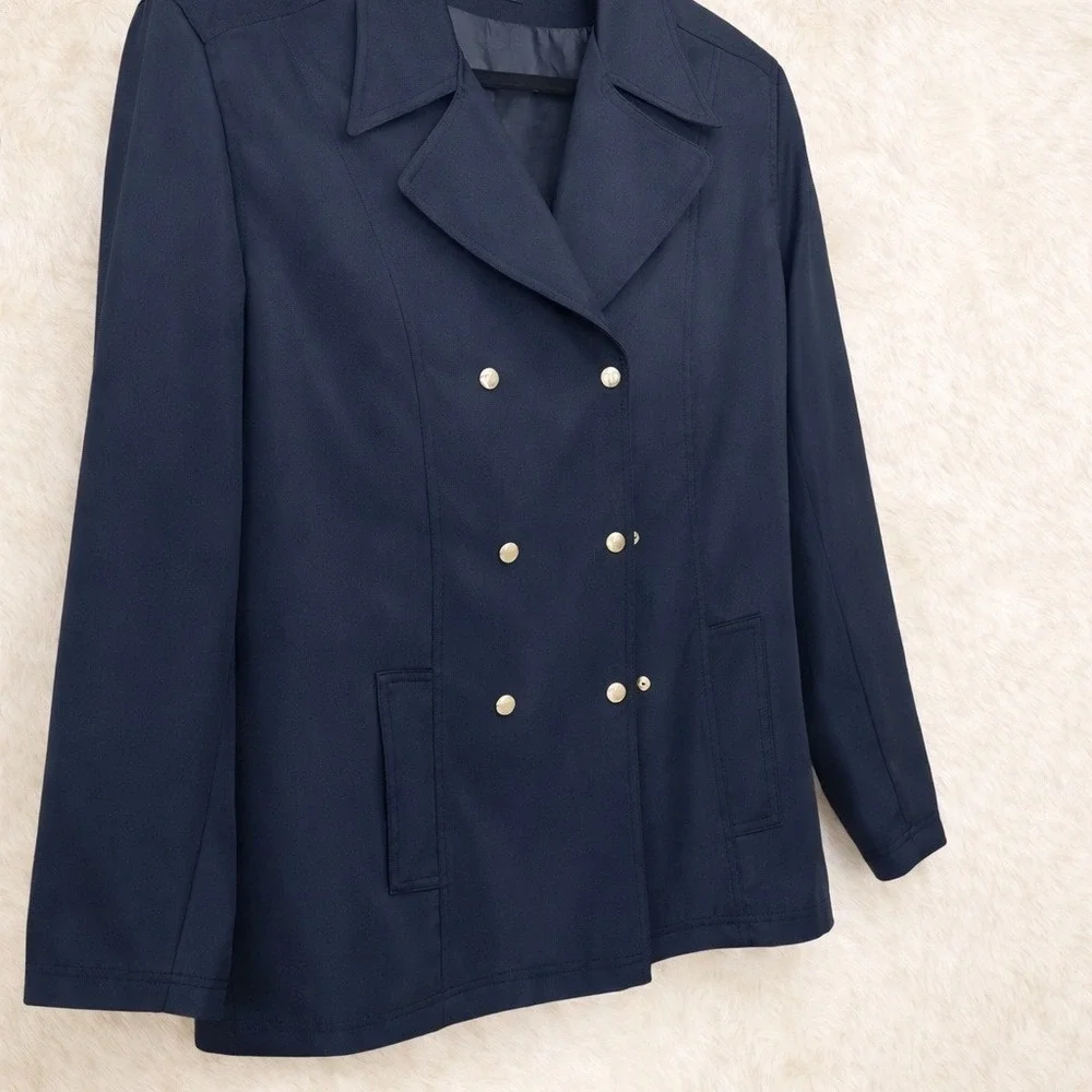 Liz Claiborne LizSport Double Breasted Jacket L Navy Minimalist Trench Preppy 90